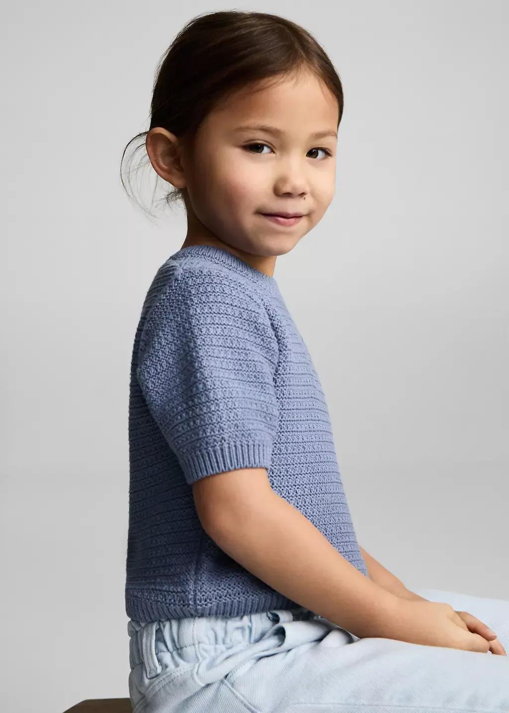 Blue Short-Sleeve Knitted Cotton Sweater, Baby Girl, , medium