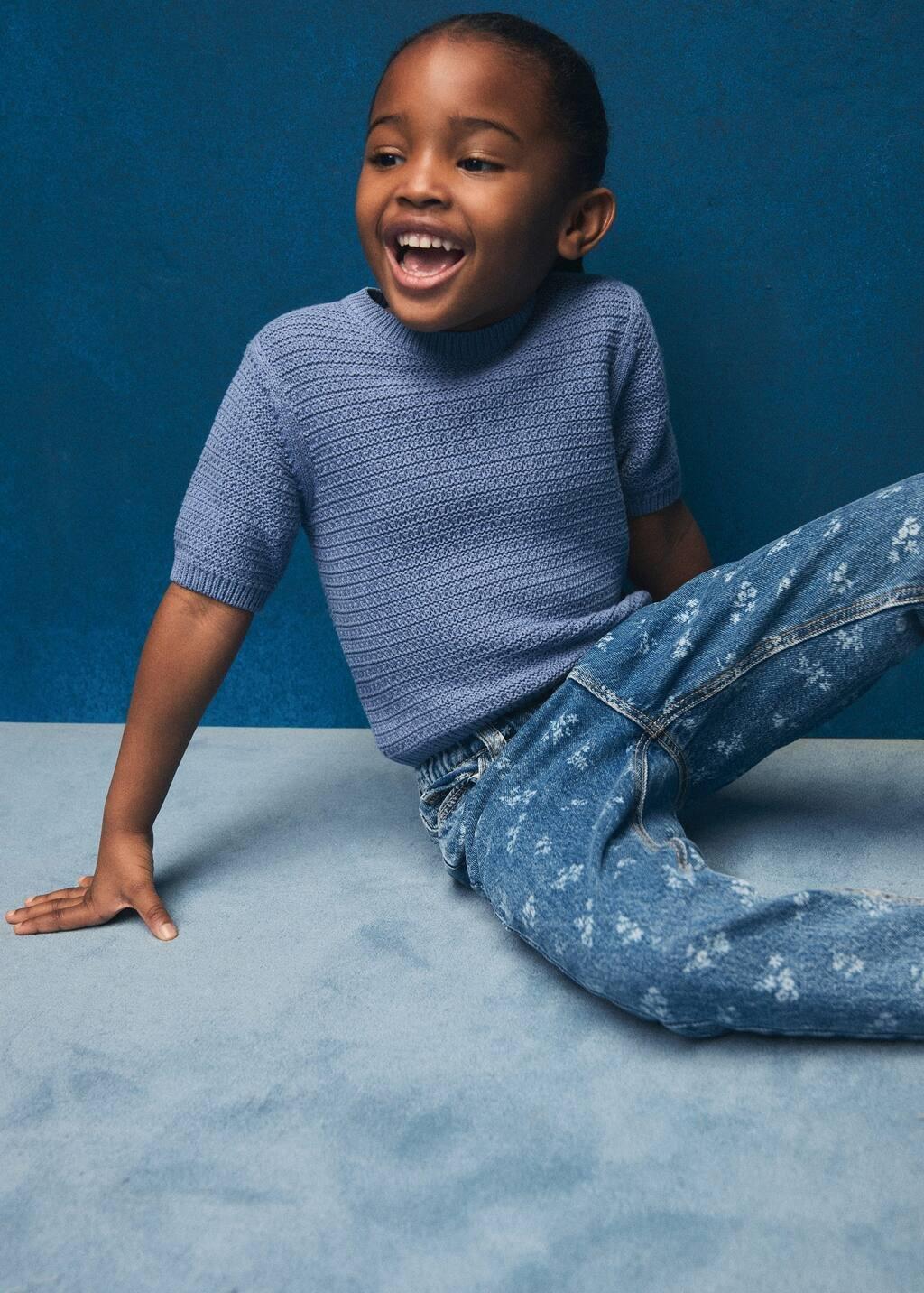 Blue Short-Sleeve Knitted Cotton Sweater, Baby Girl, , large image number 3