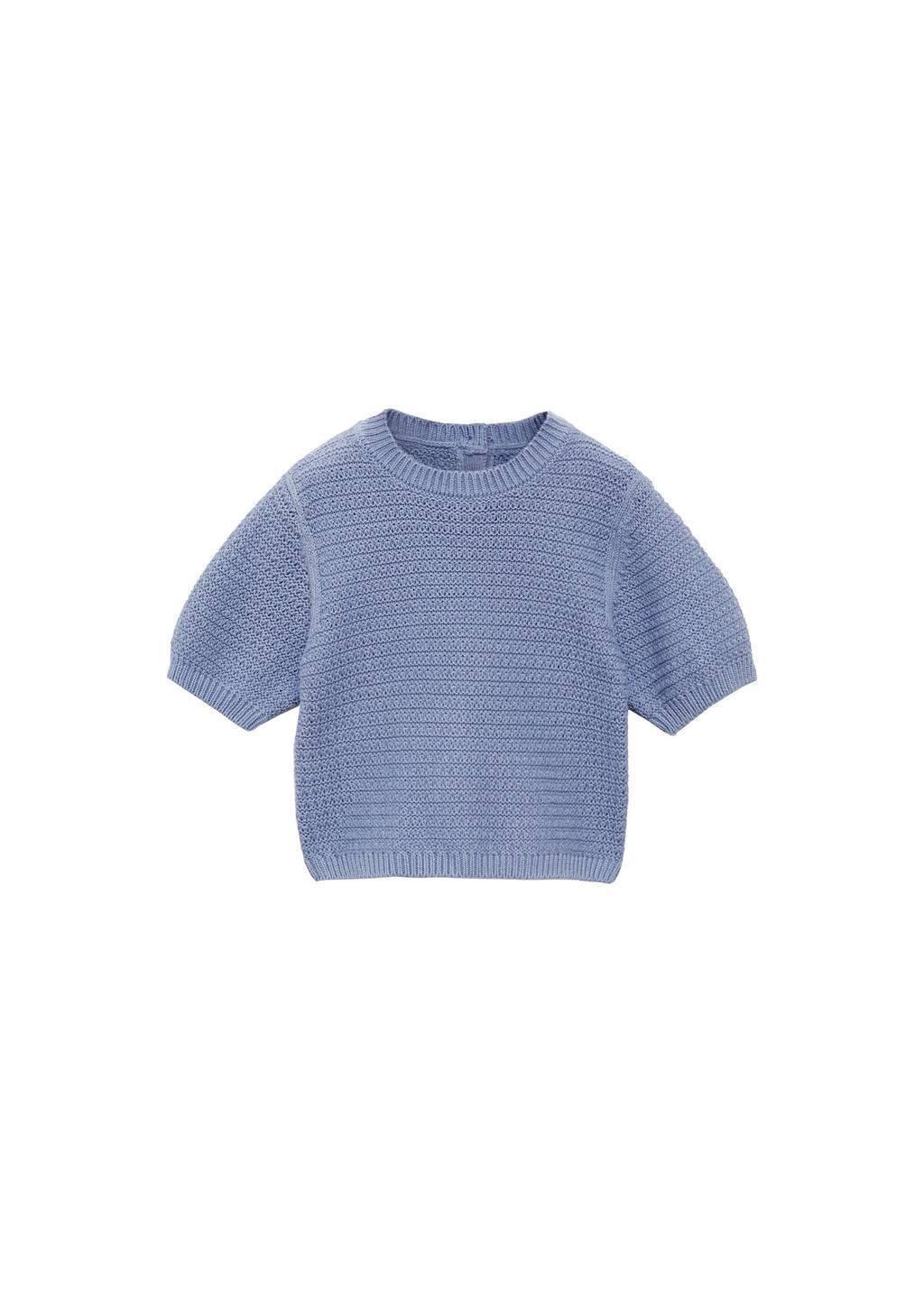 Blue Short-Sleeve Knitted Cotton Sweater, Baby Girl, , large image number 4