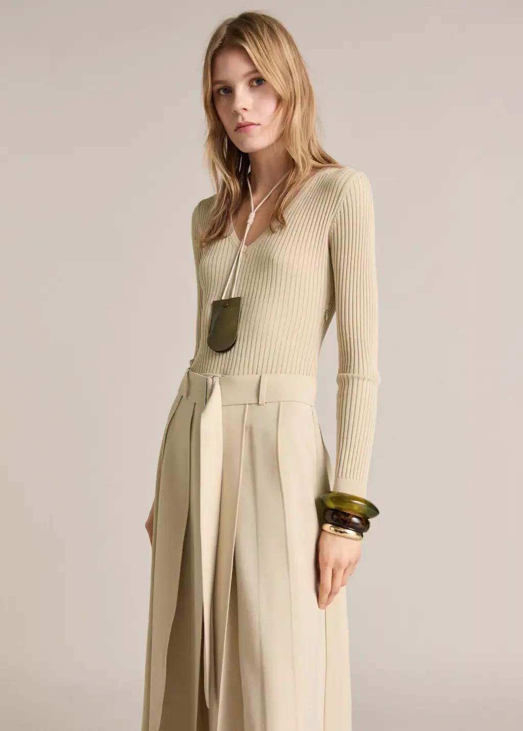 Beige Combined Woven Belt Dress, , medium