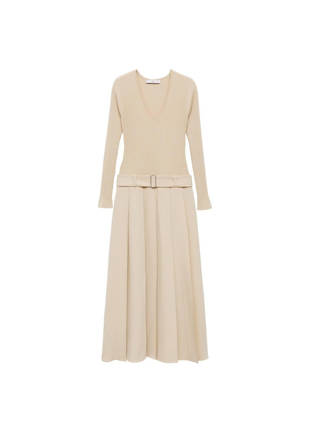 Beige Combined Woven Belt Dress, Light Beige, large image number 3