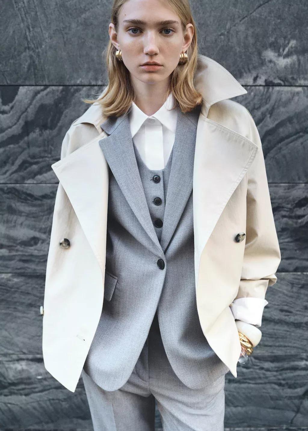 Grey Lt Pastel Double-Breasted Cropped Trench Coat, , large image number 6