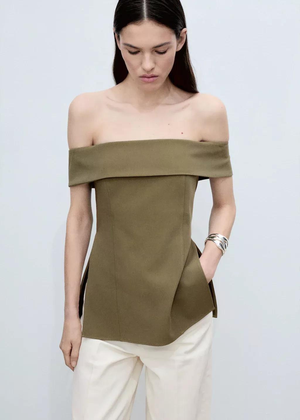 Khaki Fitted Off-The-Shoulder Top, , medium