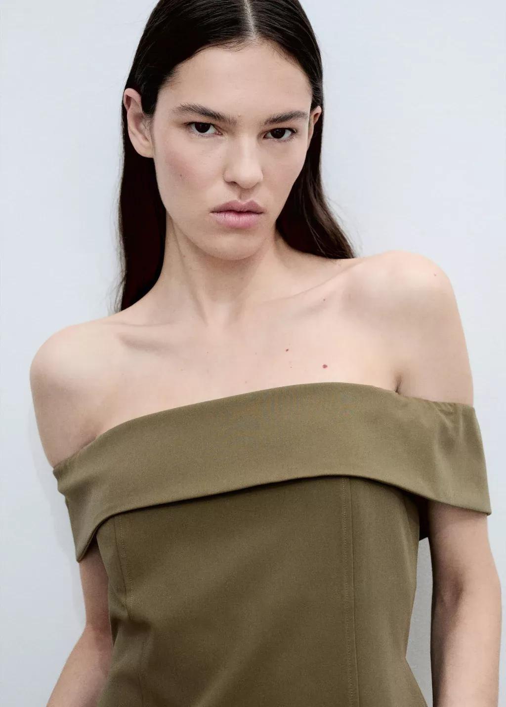 Khaki Fitted Off-The-Shoulder Top, , large image number 1