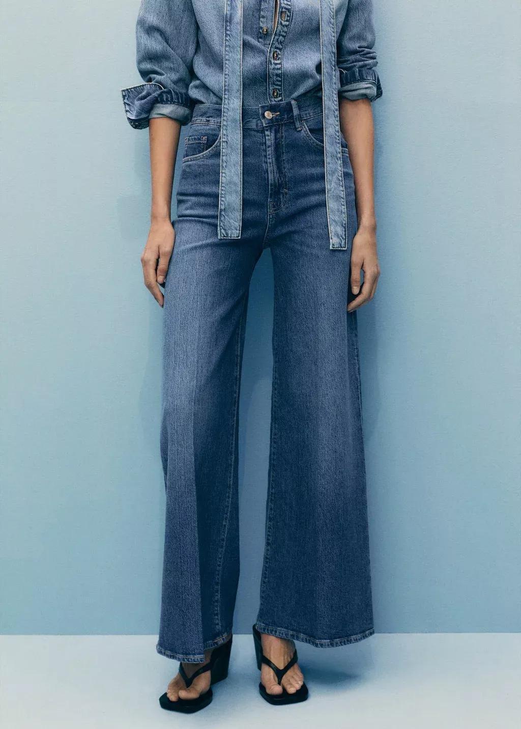 Blue Plain Wide-Leg Jeans, , large image number 1