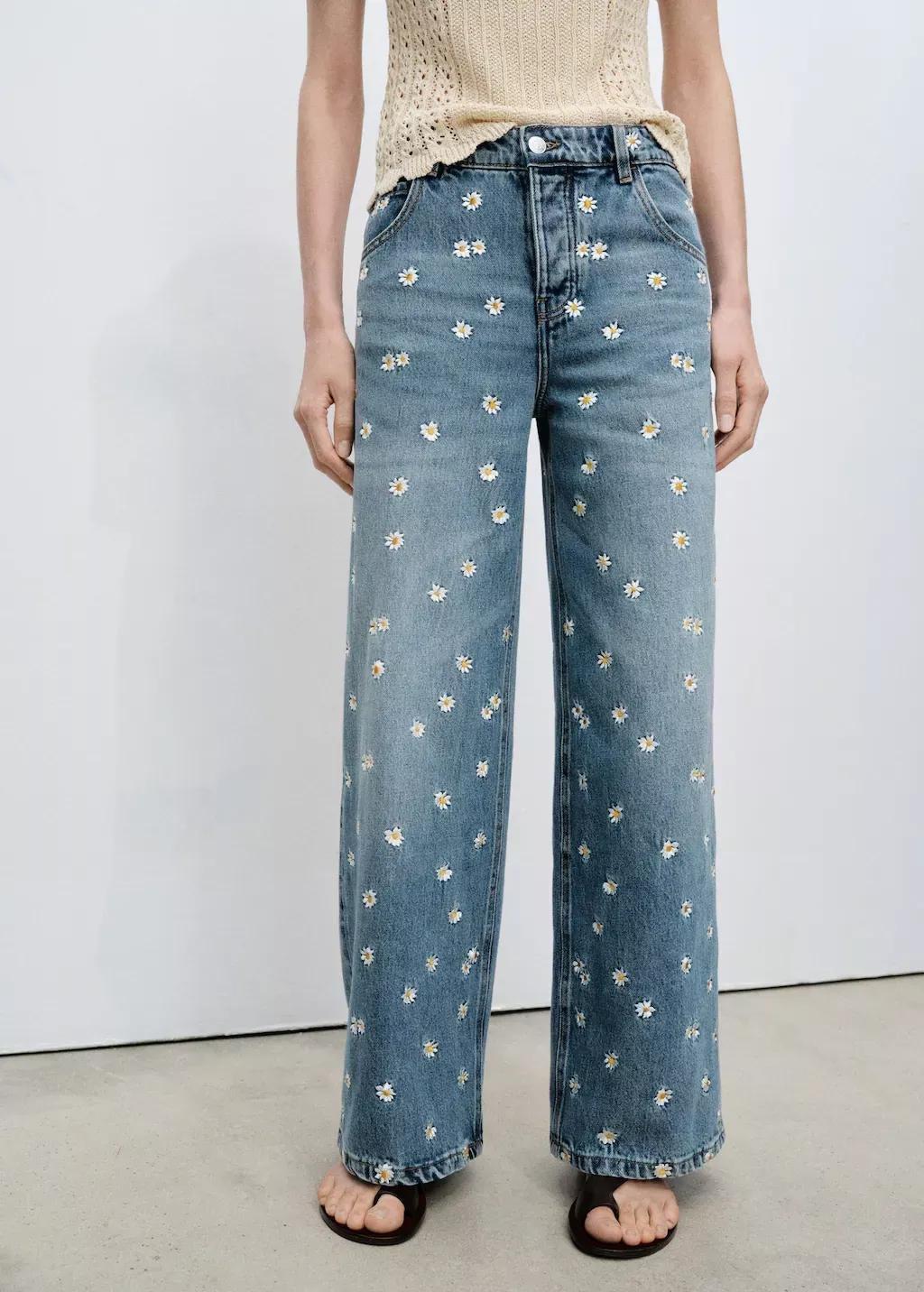 Blue Flower-Embroidered Wideleg Jeans, , large image number 0