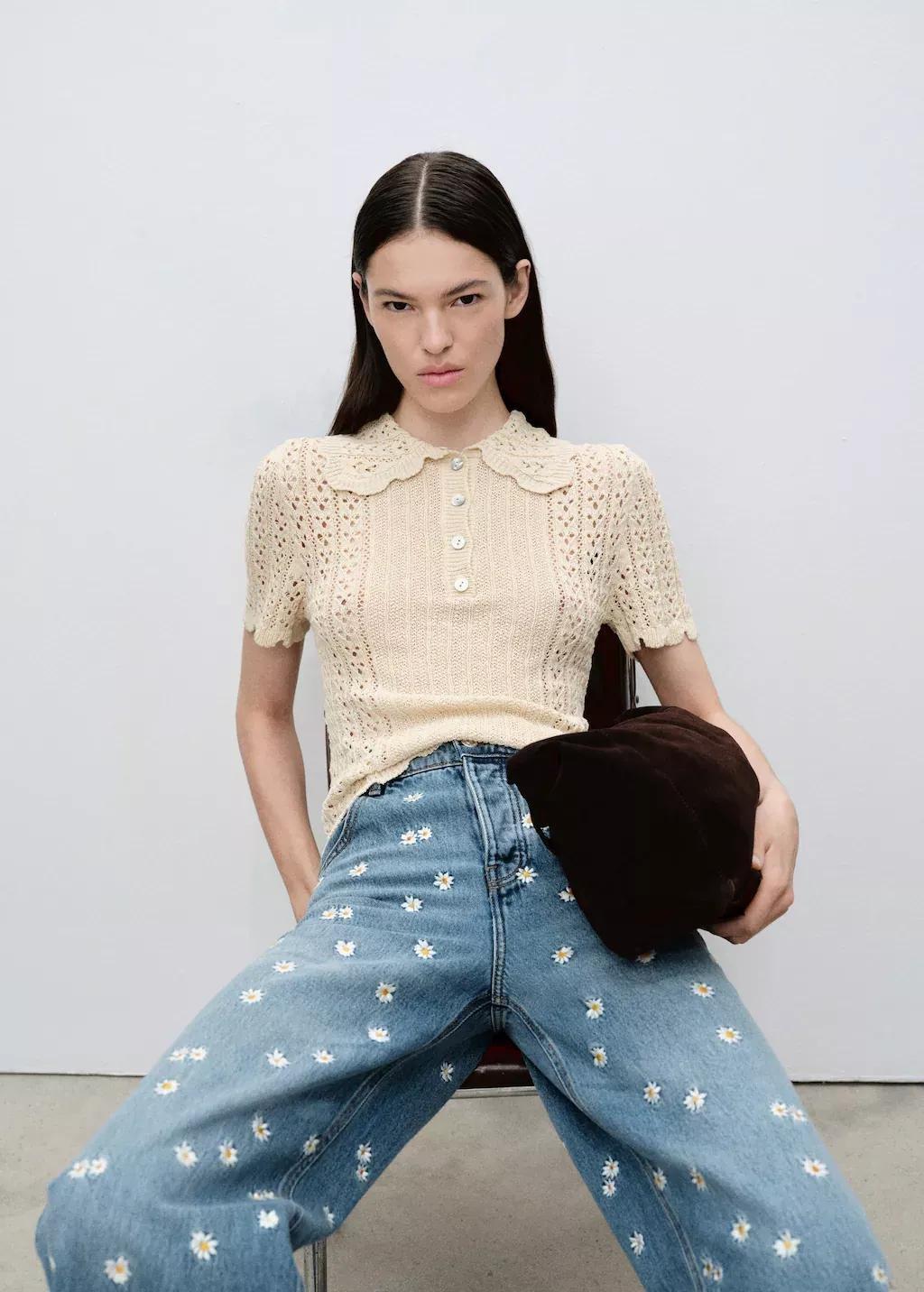 Blue Flower-Embroidered Wideleg Jeans, , large image number 1