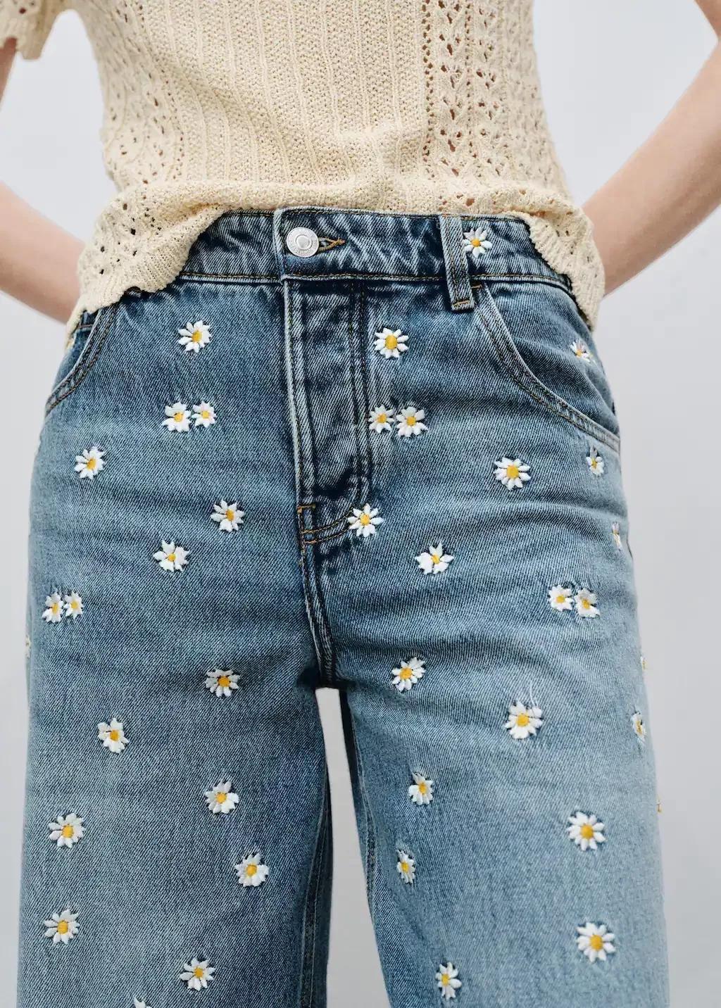 Blue Flower-Embroidered Wideleg Jeans, , large image number 2