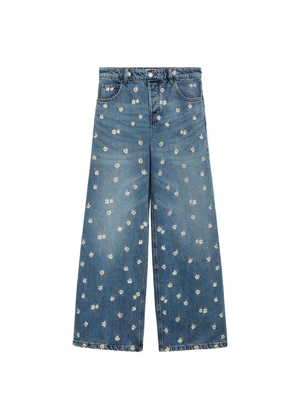 Blue Flower-Embroidered Wideleg Jeans, , large image number 3