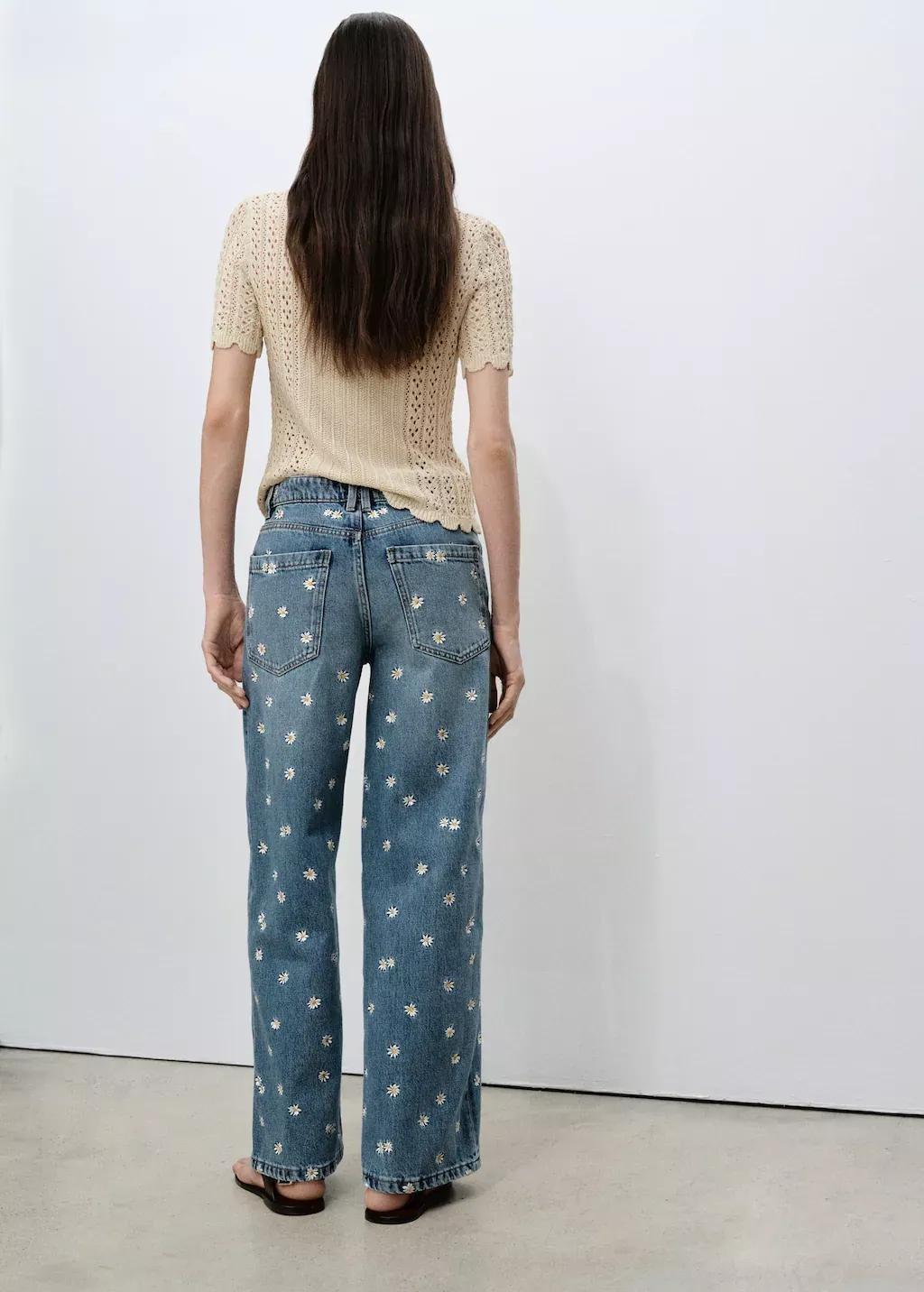 Blue Flower-Embroidered Wideleg Jeans, , large image number 5