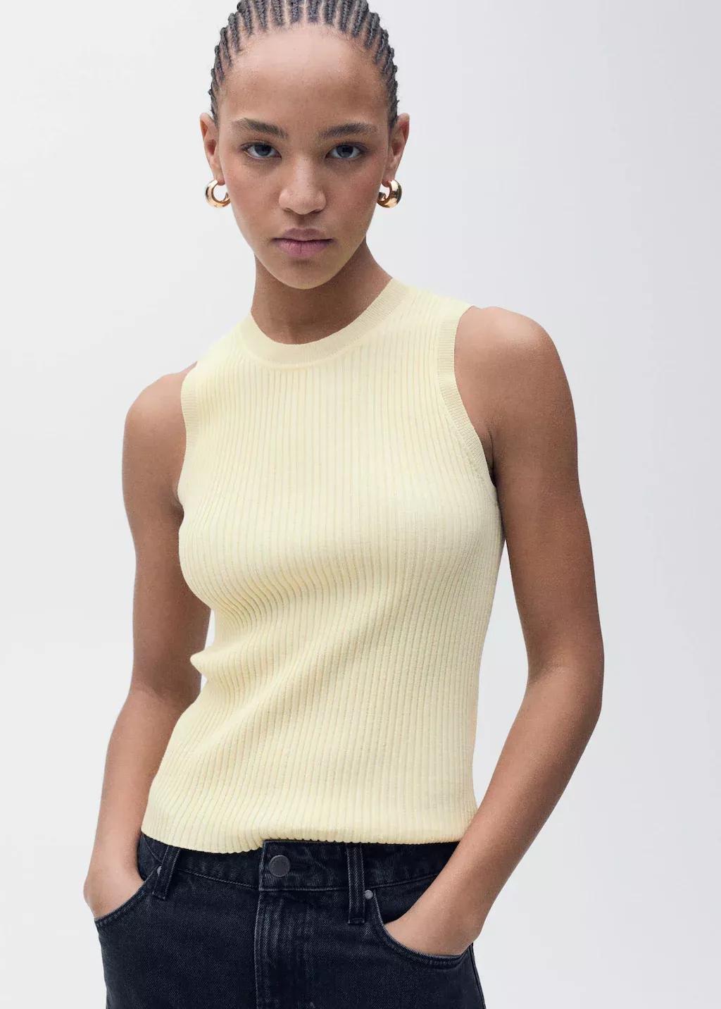 Yellow Ribbed Casual Cropped Top, , large image number 0