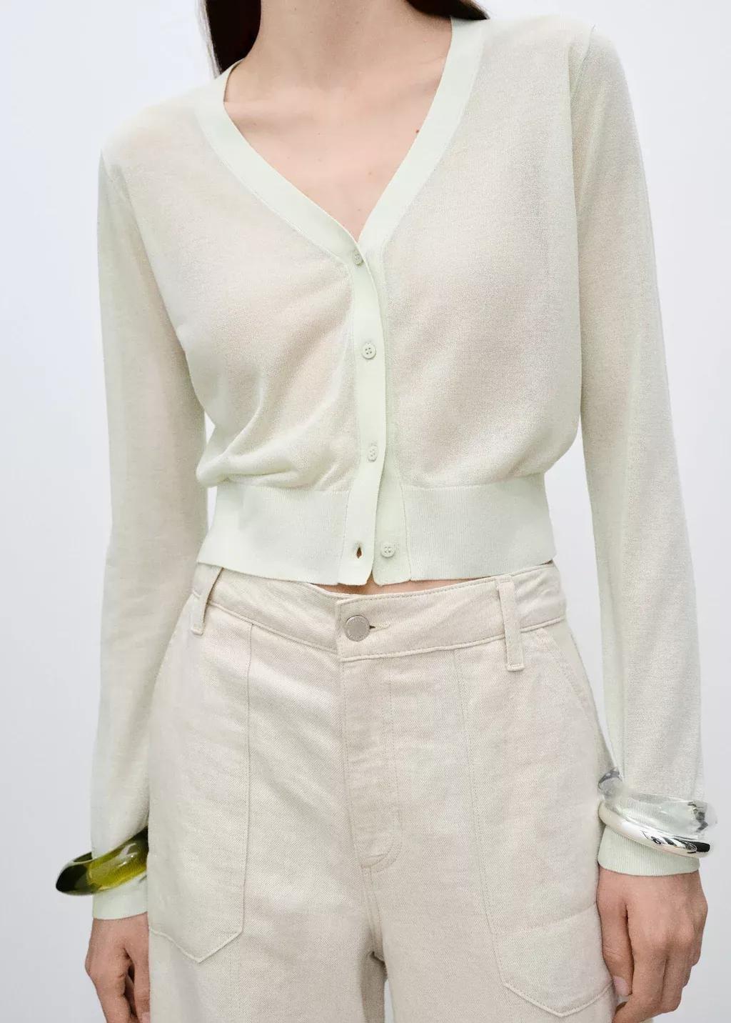 Turquoise Semi-Transparent Cropped Knitted Cardigan, , large image number 1