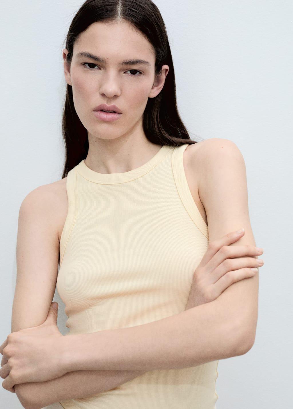 Yellow Ribbed Cotton-Blend Top, , medium