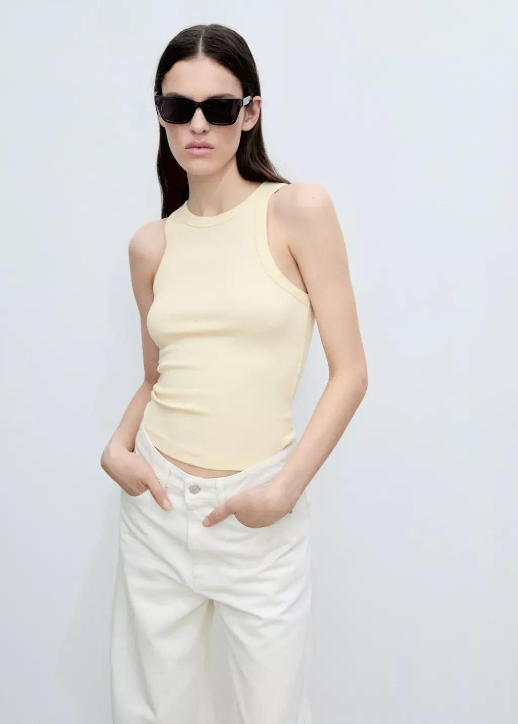 Yellow Ribbed Cotton-Blend Top, , large image number 1