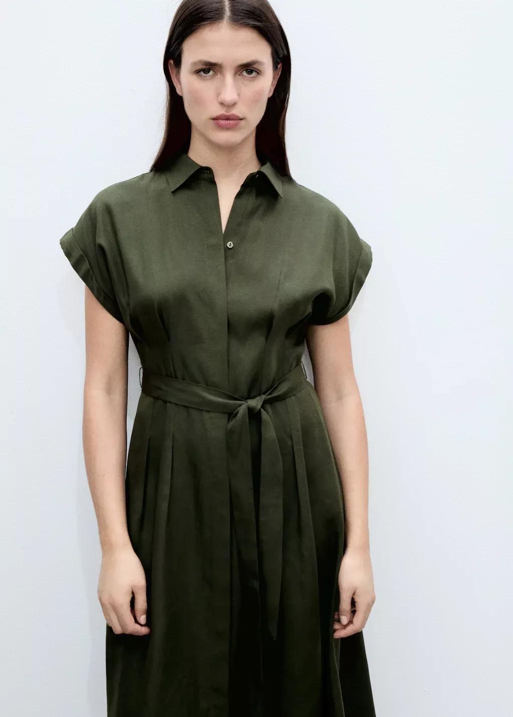 Khaki Linen And Lyocell-Blend Shirt Dress With Belt, , large image number 0