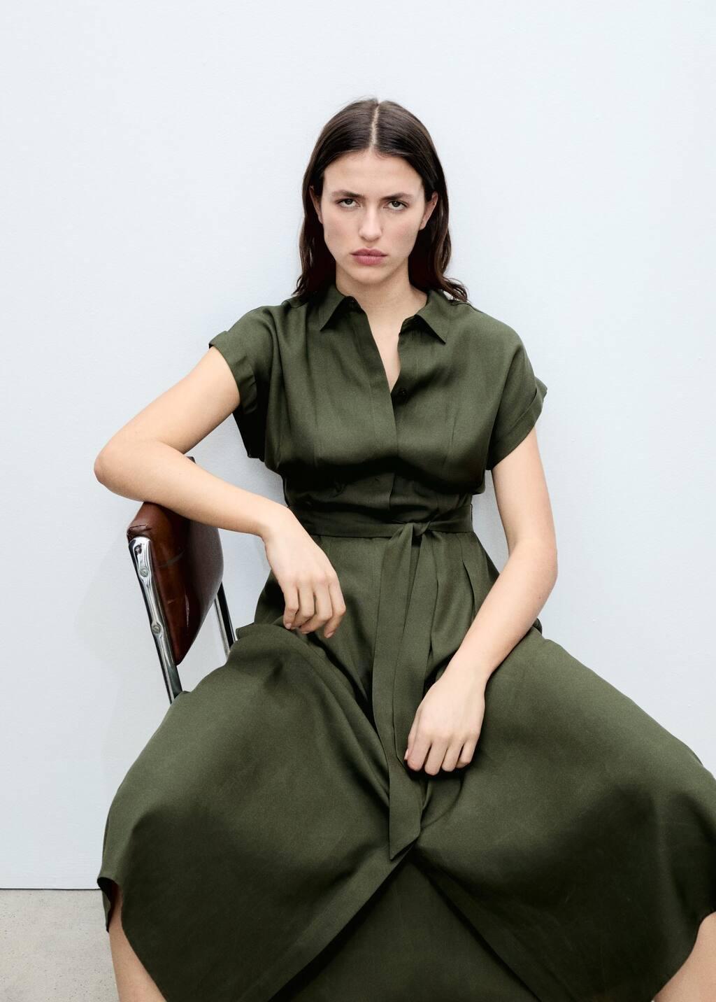 Khaki Linen And Lyocell-Blend Shirt Dress With Belt, , large image number 1