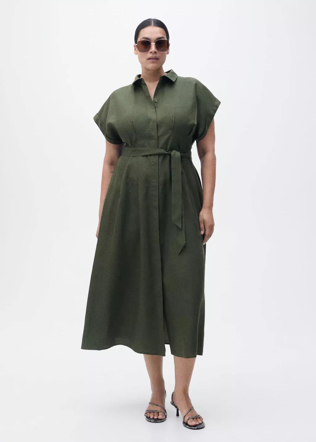 Khaki Linen And Lyocell-Blend Shirt Dress With Belt, , large image number 3