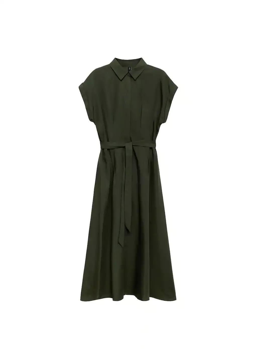 Khaki Linen And Lyocell-Blend Shirt Dress With Belt, , large image number 4