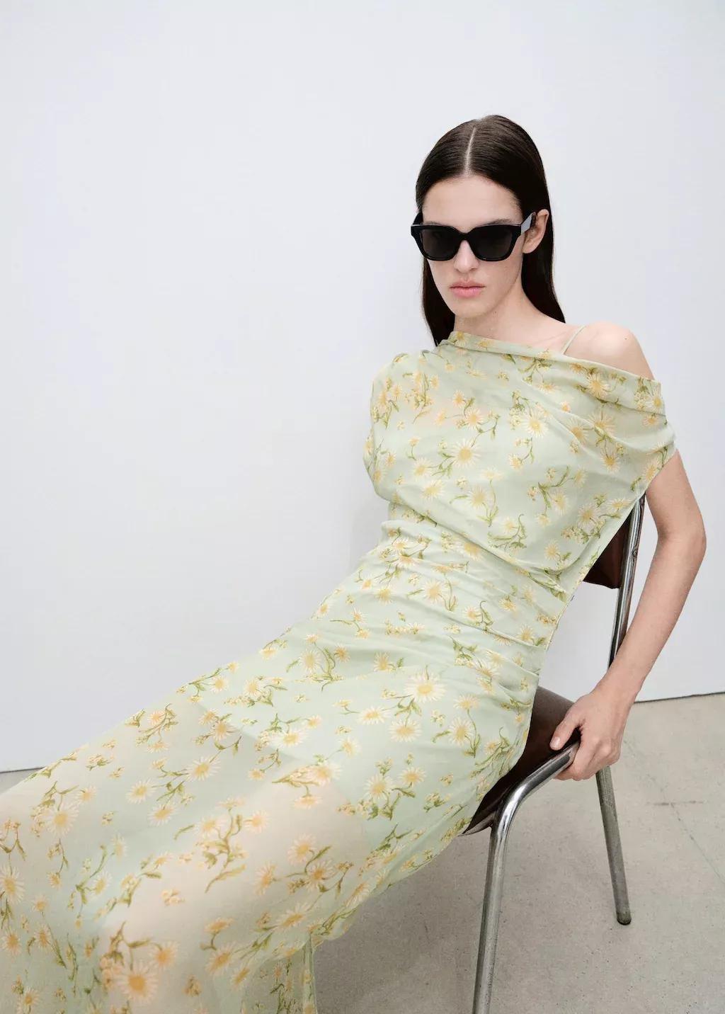 Green Floral Asymmetric Midi Dress, , large image number 1