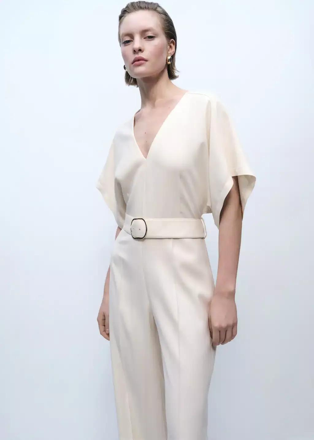 Beige Long Jumpsuit With Belt And Buckle, , medium