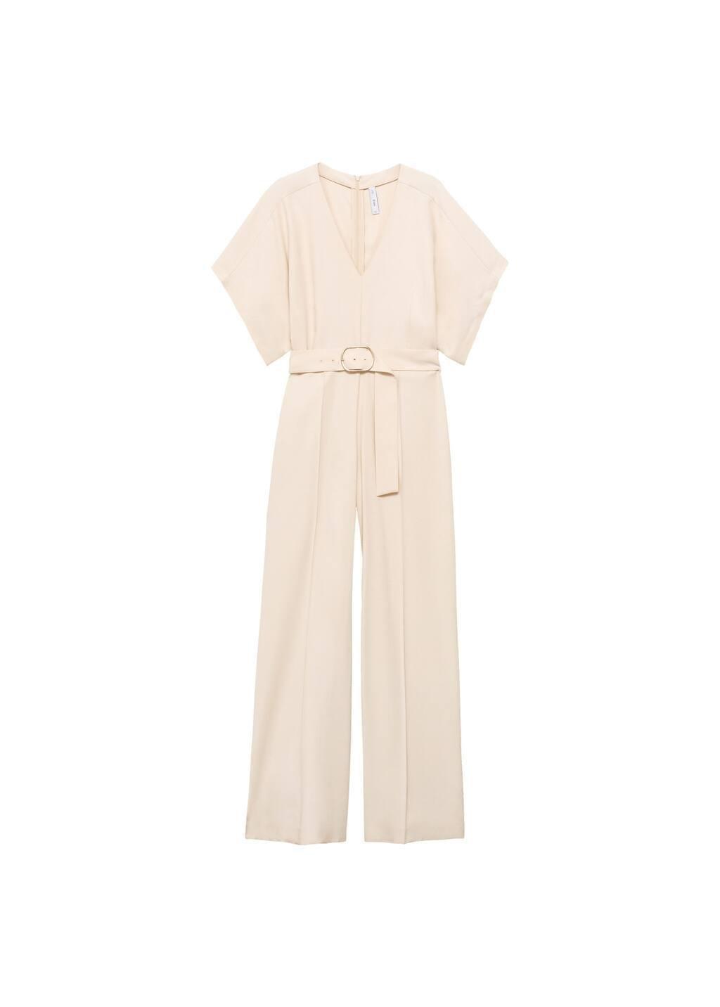 Beige Long Jumpsuit With Belt And Buckle, , large image number 2
