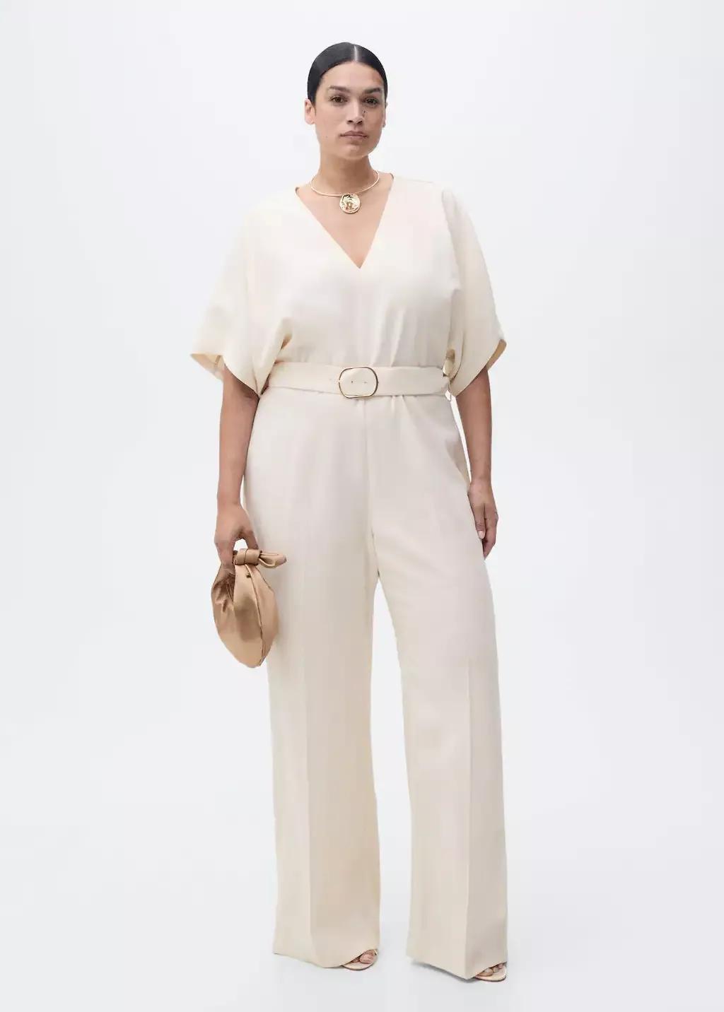 Beige Long Jumpsuit With Belt And Buckle, , large image number 3