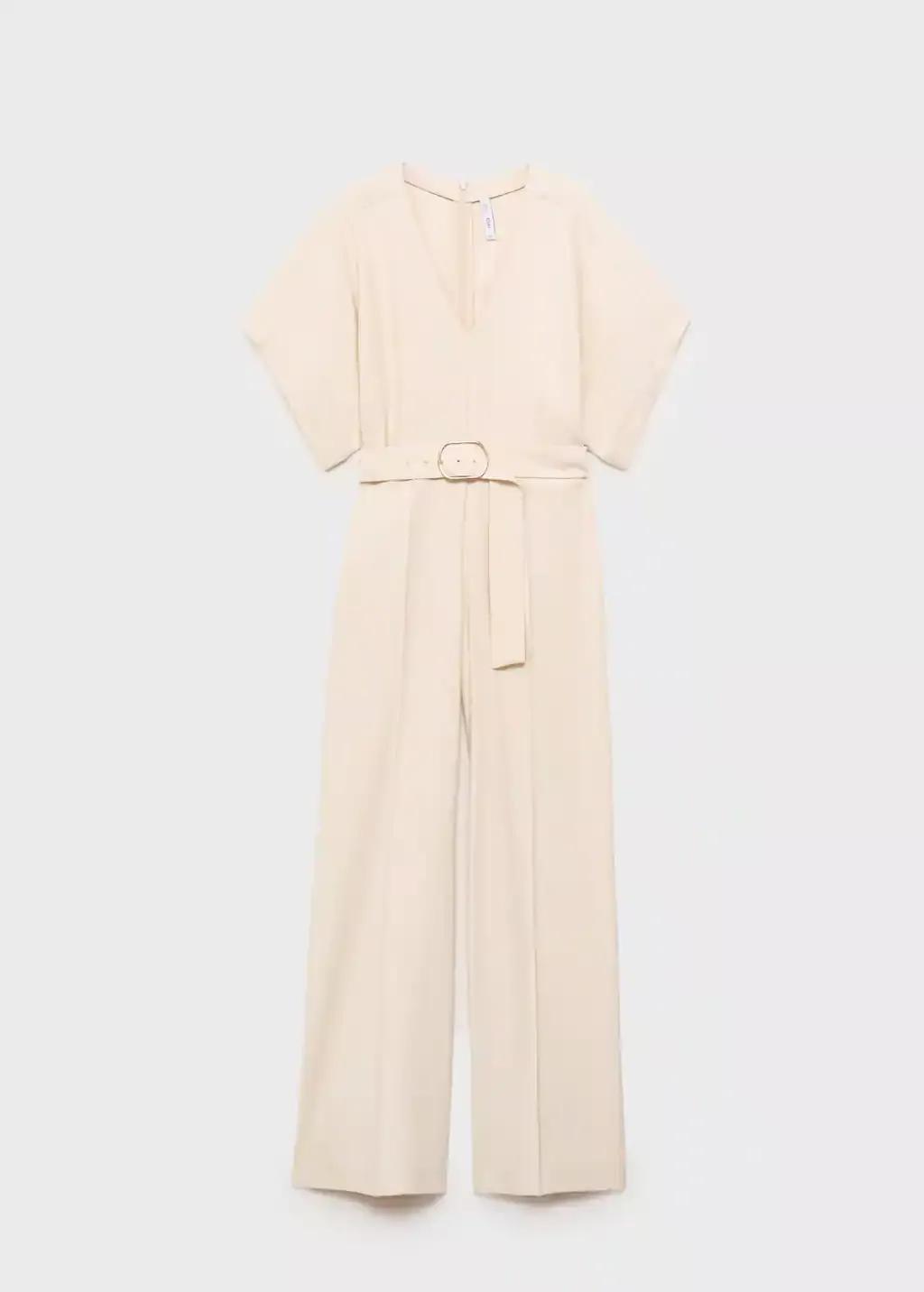 Beige Long Jumpsuit With Belt And Buckle, , large image number 4
