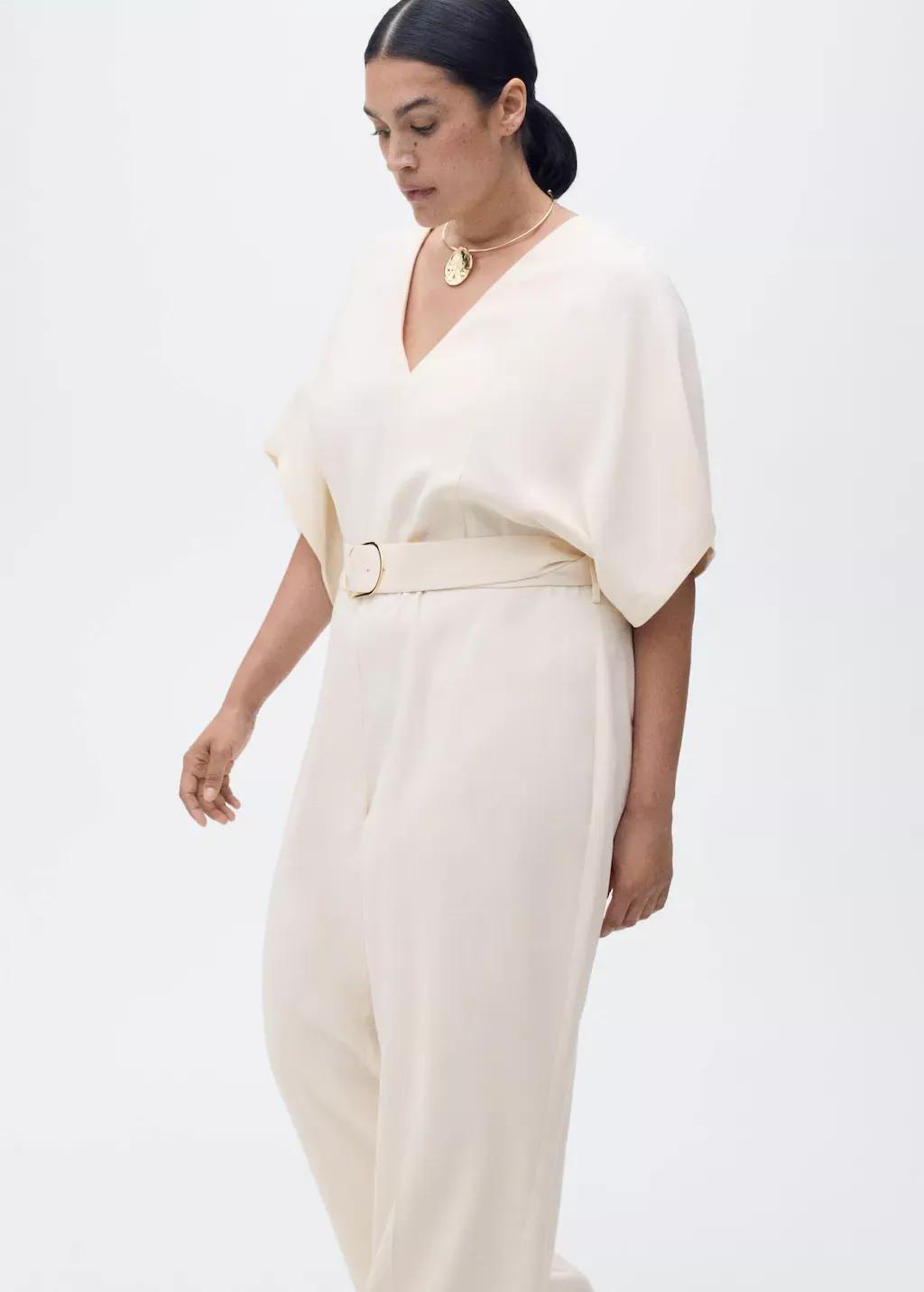 Beige Long Jumpsuit With Belt And Buckle, , large image number 6
