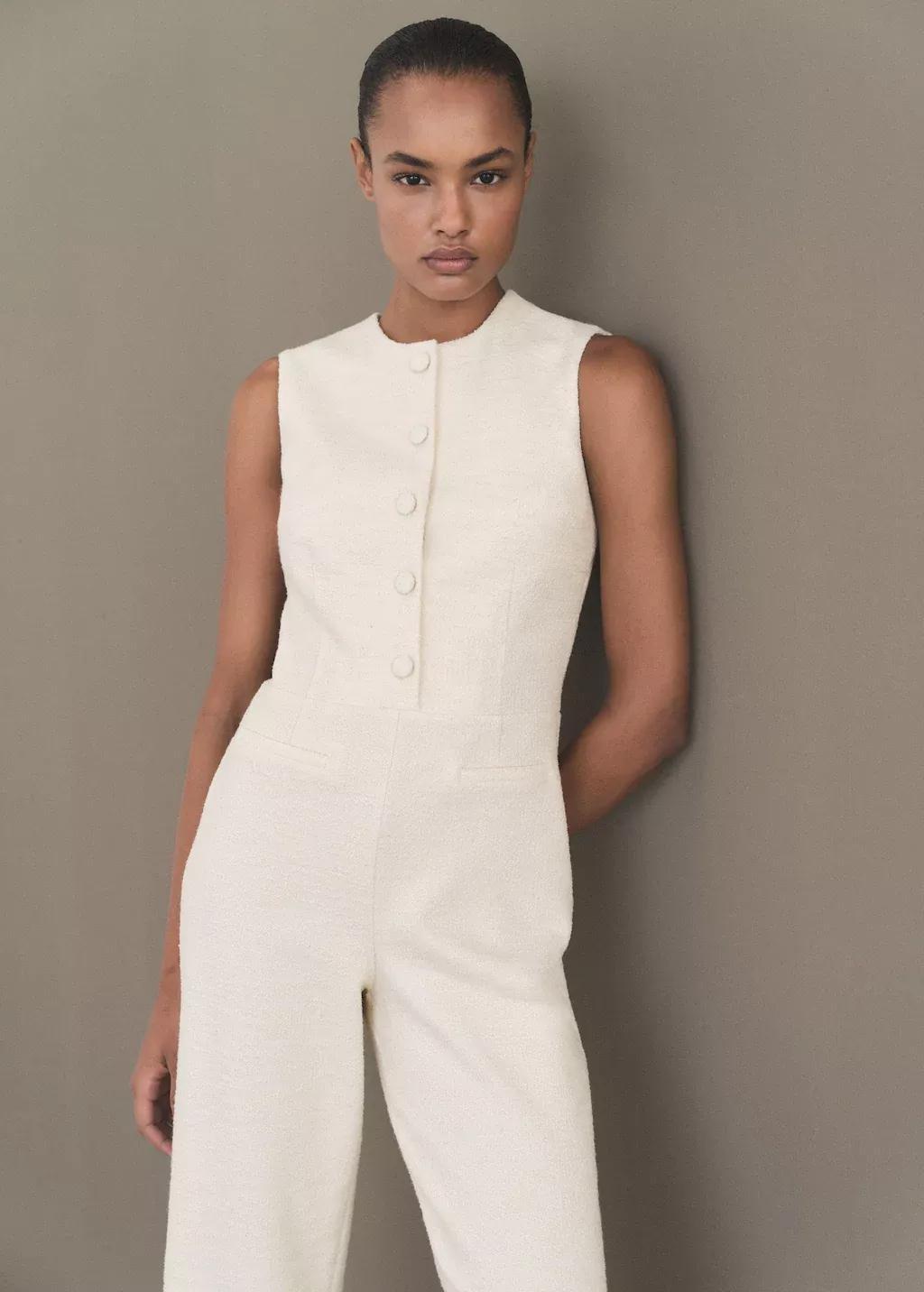 Beige Buttoned Tweed Jumpsuit, , medium
