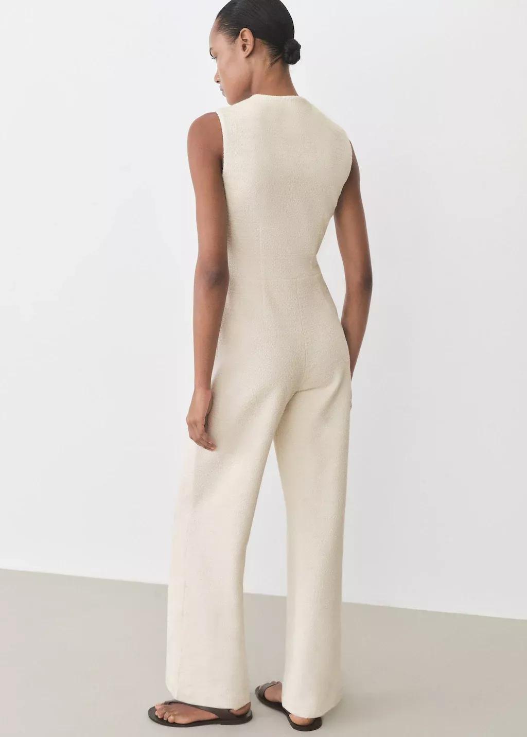 Beige Buttoned Tweed Jumpsuit, , large image number 6