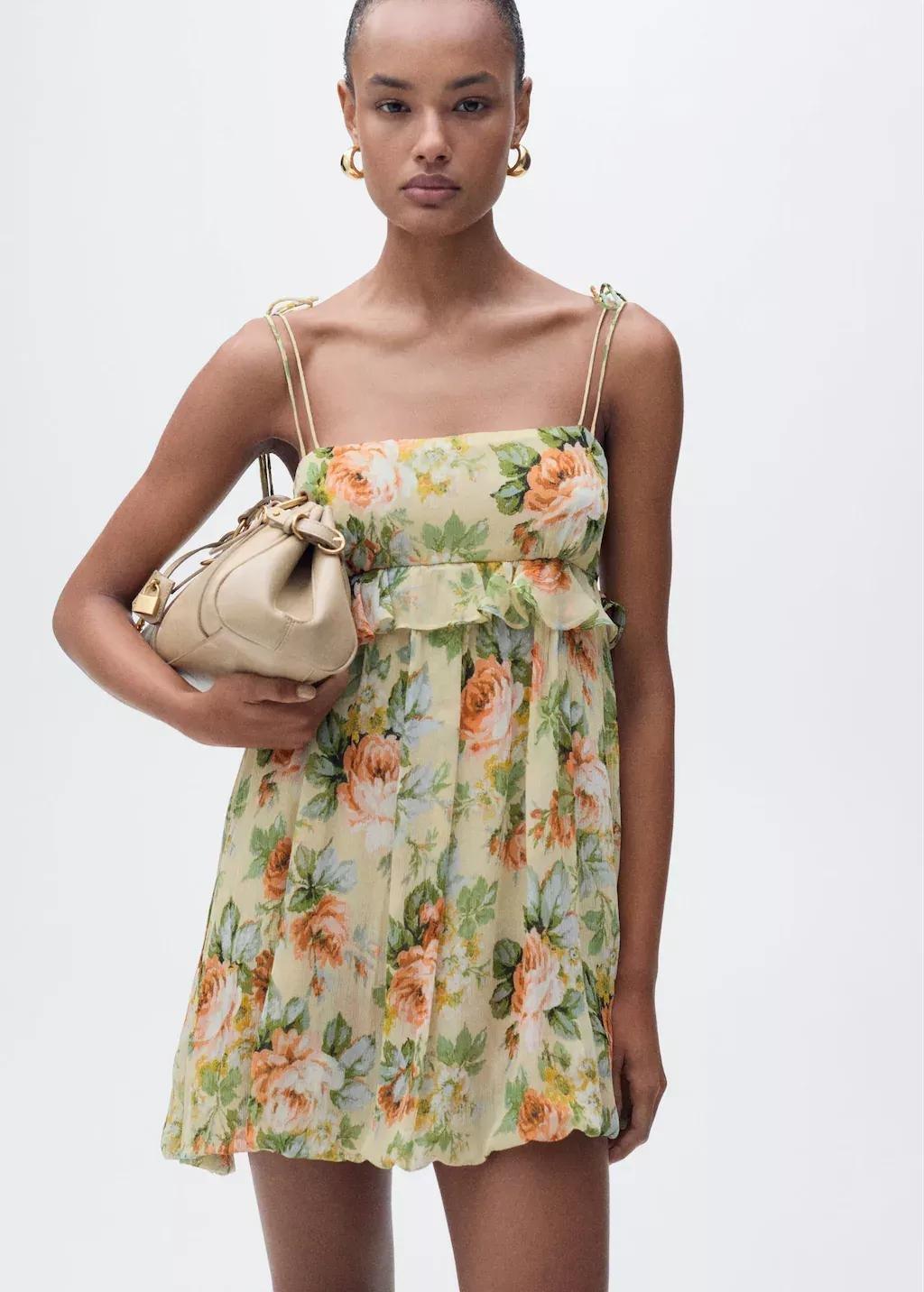 Beige Short Floral Dress With Ruffle Detail, , large image number 0