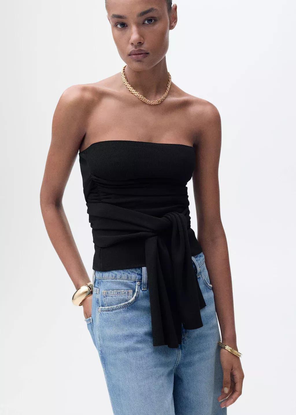 Black Bandeau Top With Knot Detail, , medium