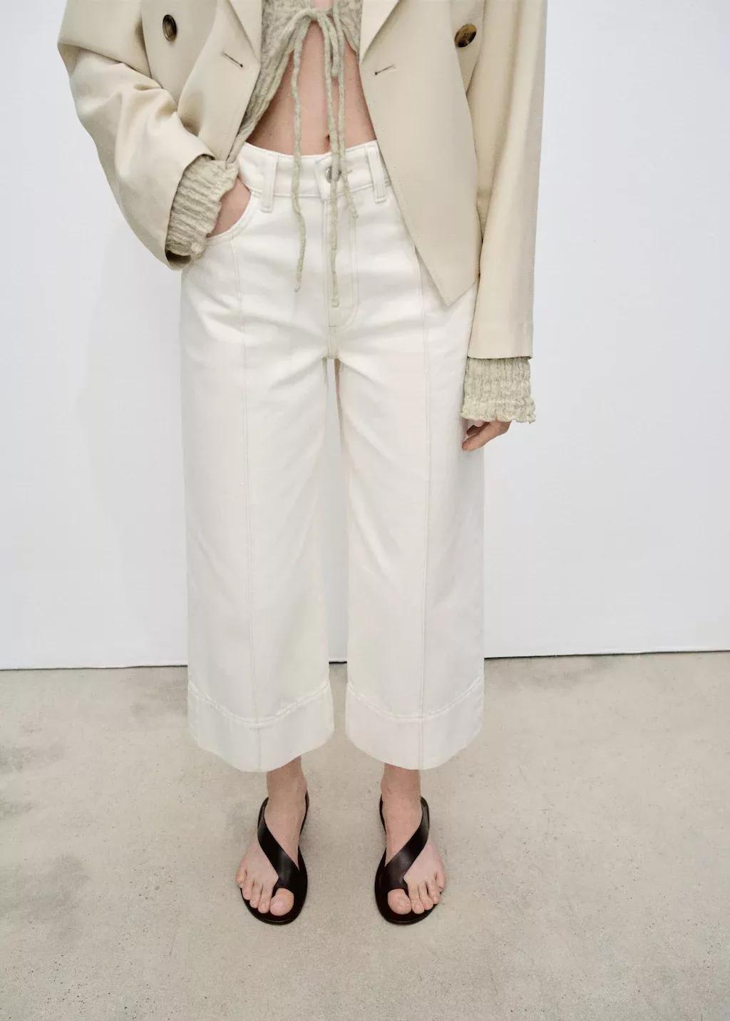 LIGHT BEIGE Wideleg cropped jeans with seam detail, , large image number 0