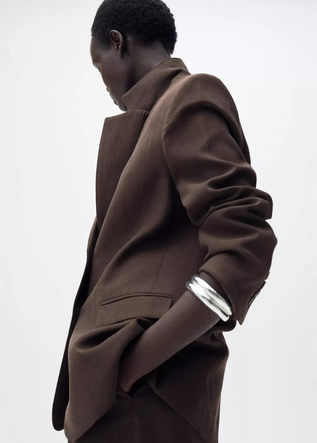 Brown Straight Lyocell Suit Blazer, Brown, large image number 1