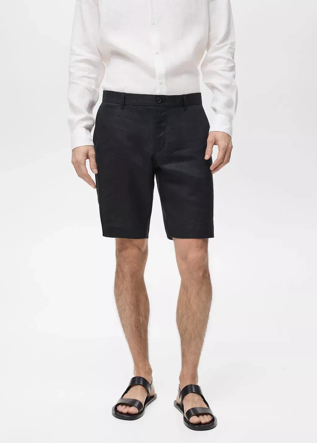 Black Slim-Fit 100% Linen Bermuda Shorts, , large image number 0