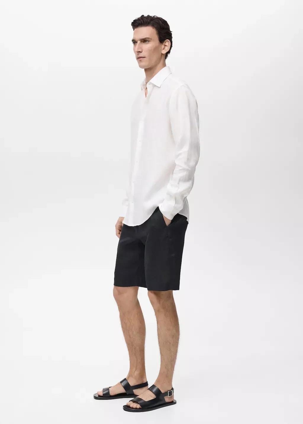Black Slim-Fit 100% Linen Bermuda Shorts, , large image number 2