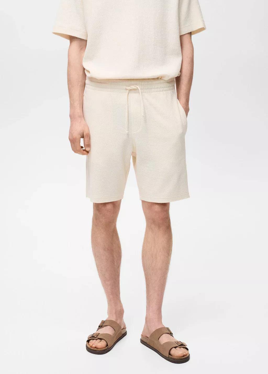 Beige Textured Cotton Bermuda Shorts With Drawstring, , medium