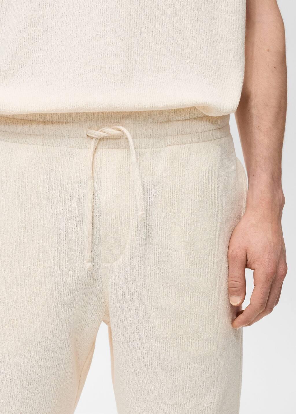 Beige Textured Cotton Bermuda Shorts With Drawstring, Light Beige, large image number 1
