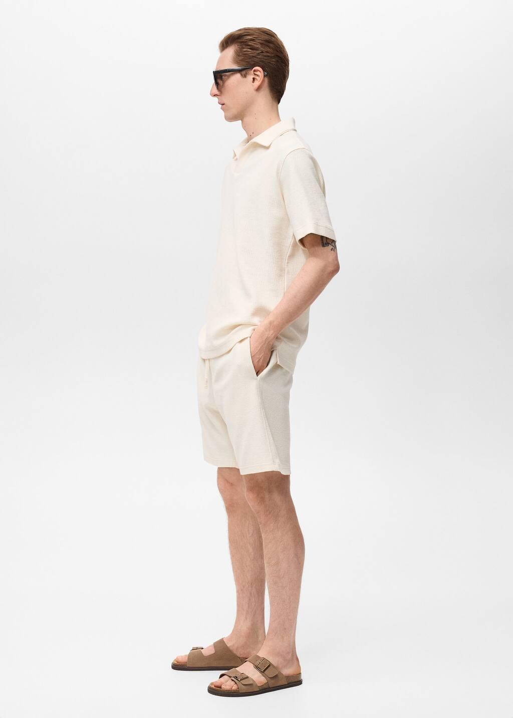 Beige Textured Cotton Bermuda Shorts With Drawstring, Light Beige, large image number 3