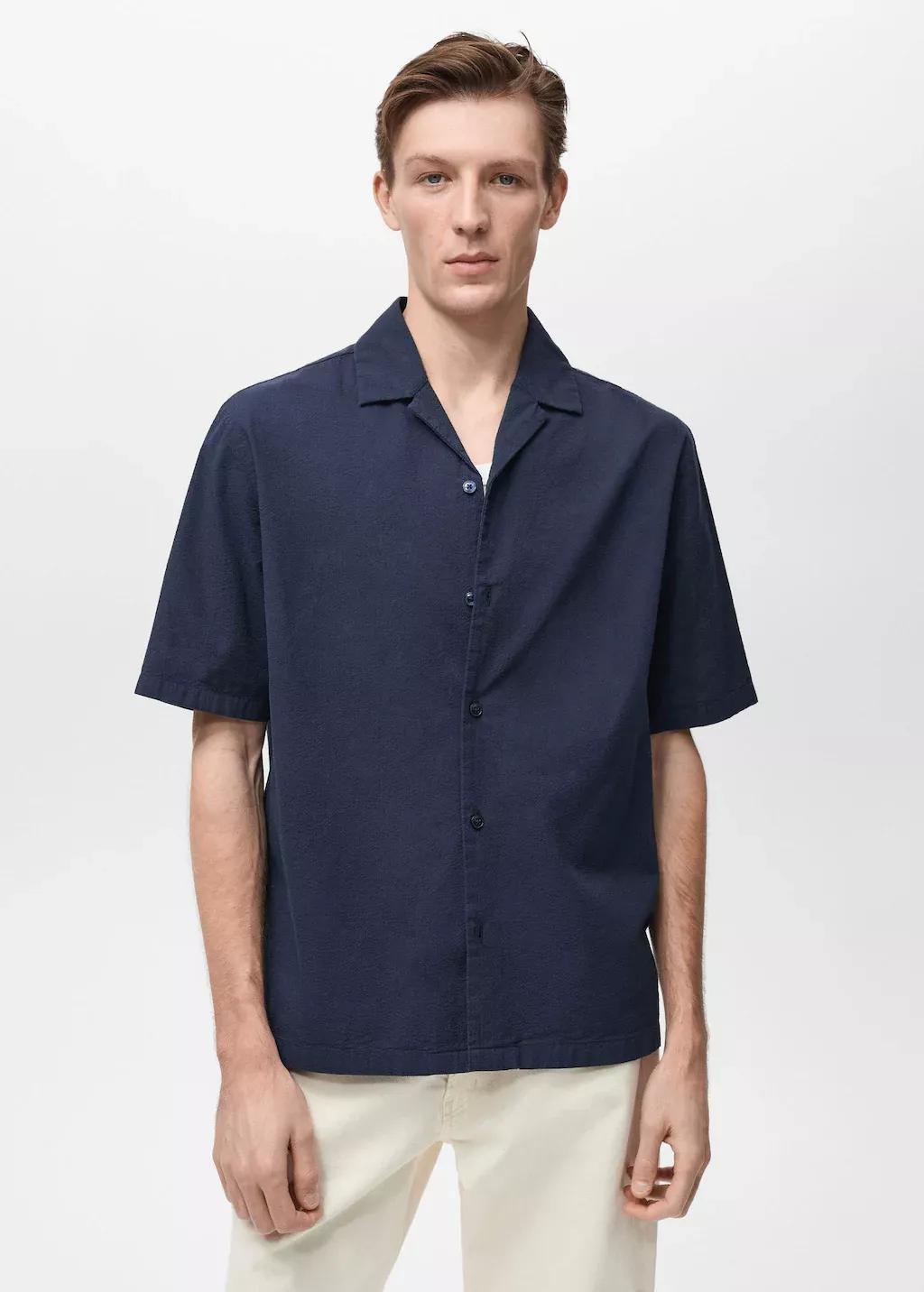 Navy Textured Shirt With Bowling Collar, , medium