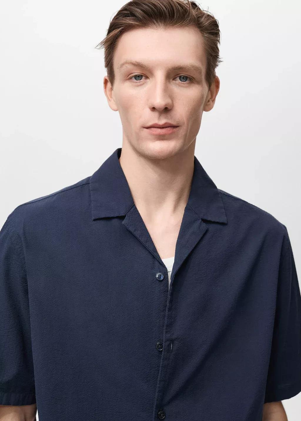 Navy Textured Shirt With Bowling Collar, , large image number 1