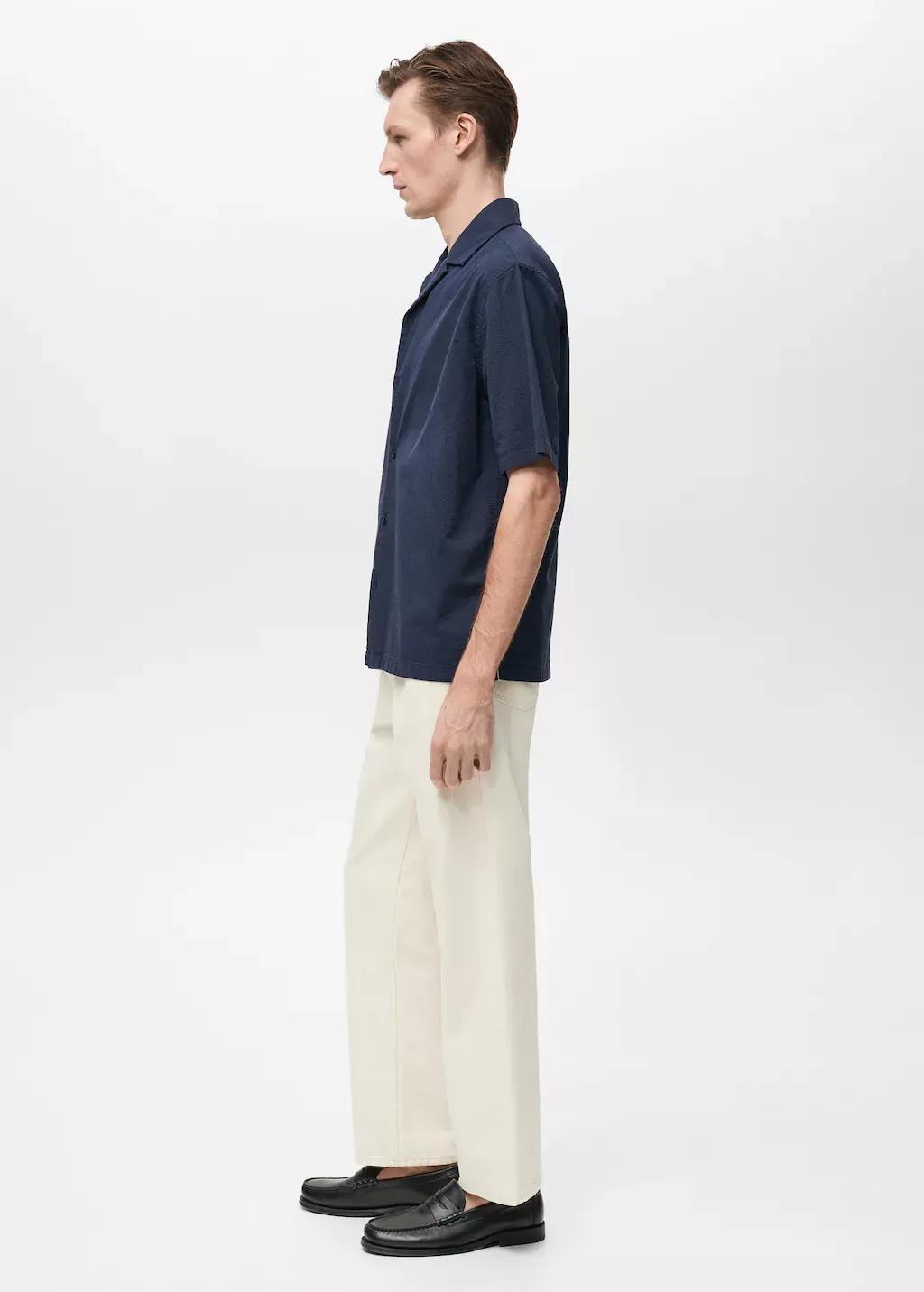 Navy Textured Shirt With Bowling Collar, , large image number 2