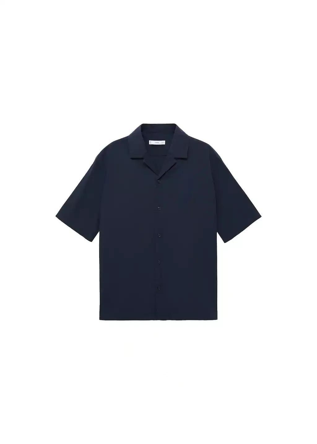 Navy Textured Shirt With Bowling Collar, , large image number 3