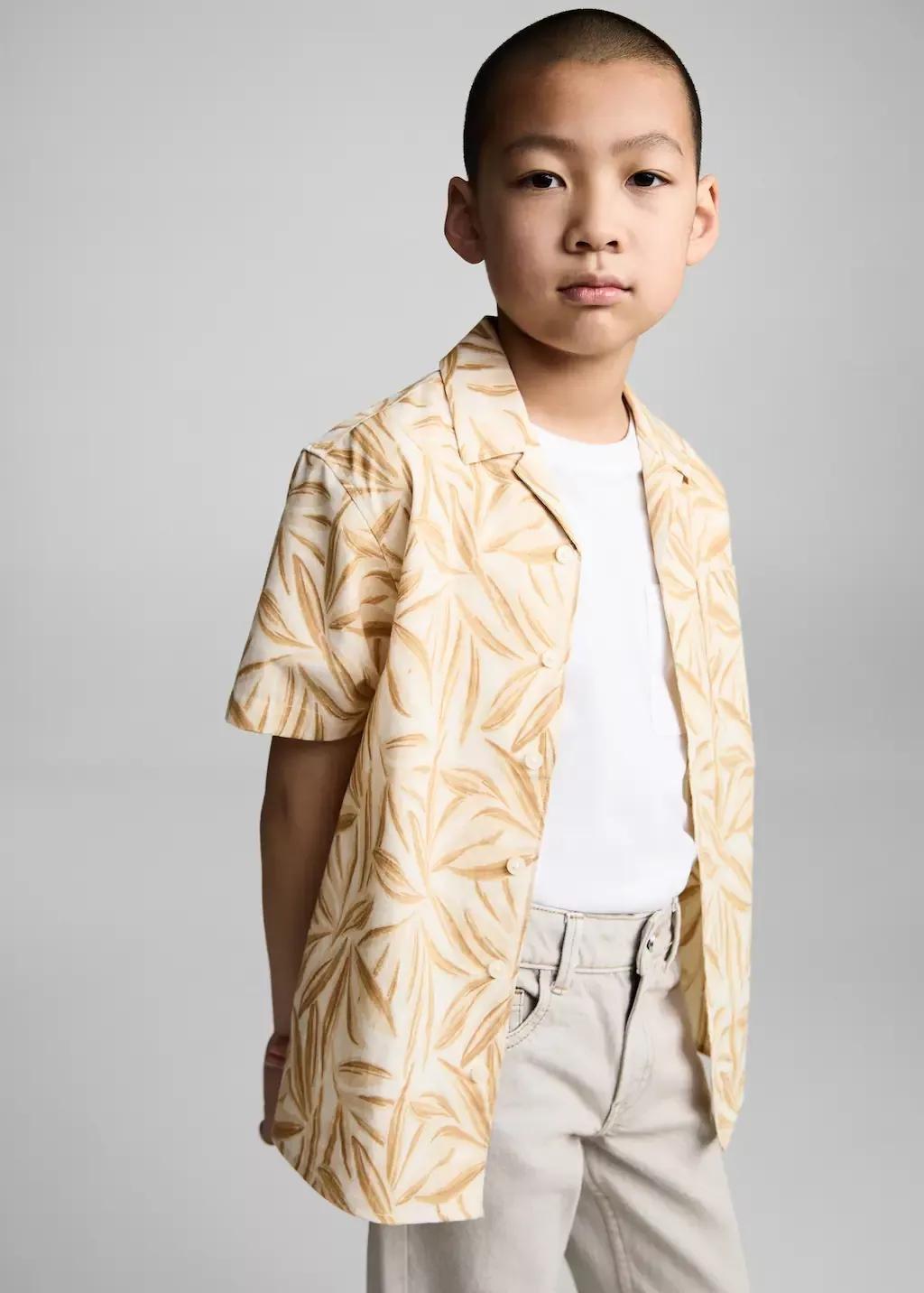 Yellow Short Sleeved Cotton Shirt, Kids Boy, Dark Yellow, large image number 1