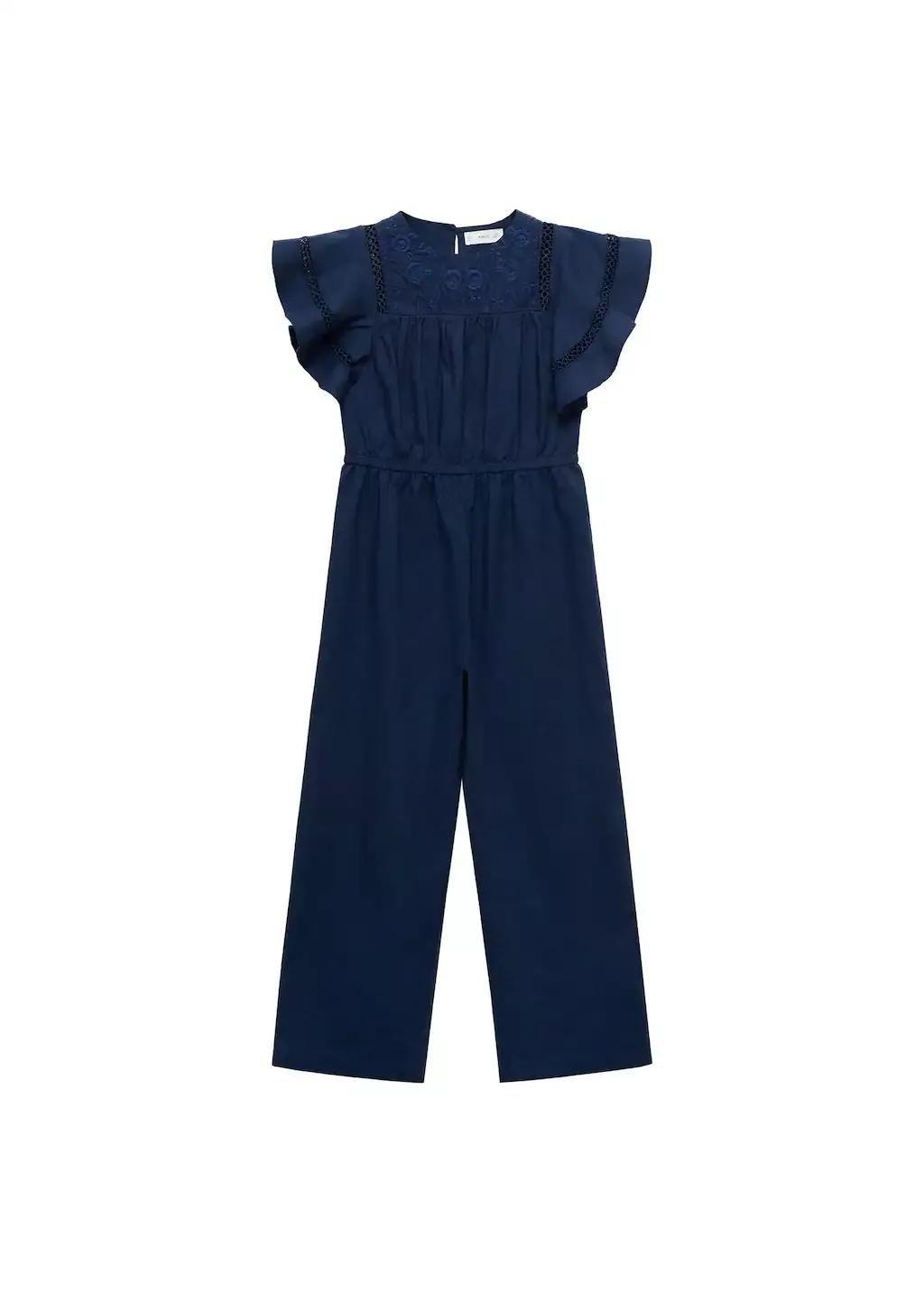 Navy Long Embroidered Jumpsuit, Kids Girl, , medium