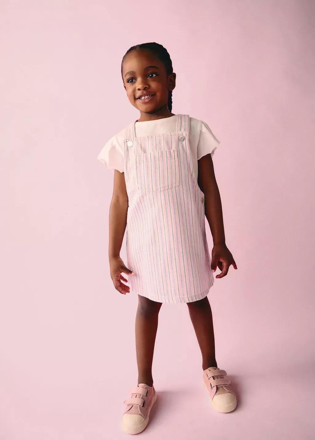 Beige Striped Denim Pinafore, Baby Girl, , large image number 3