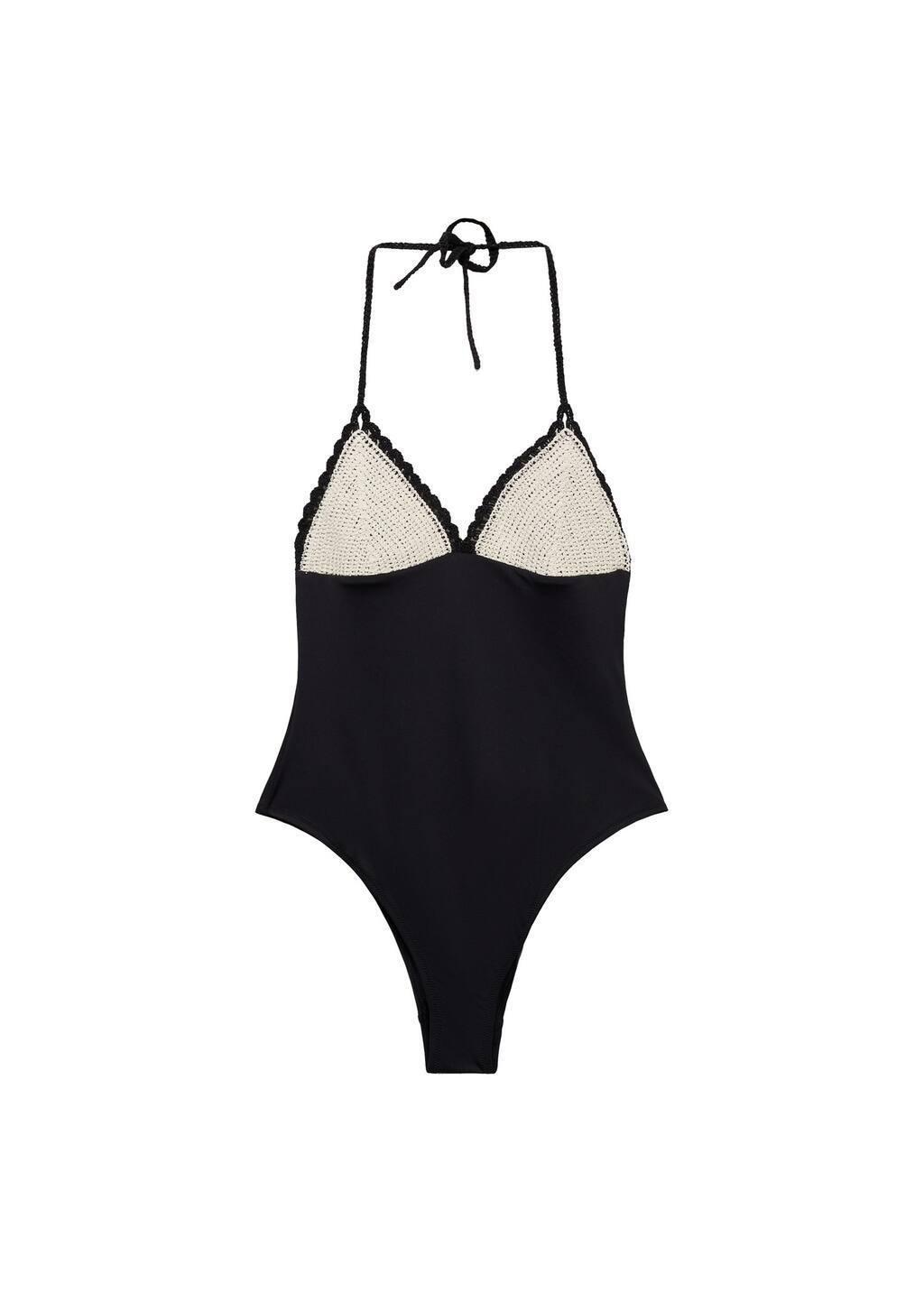 Black Combined Knitted Swimsuit With Crochet Appliquã©, , large image number 3
