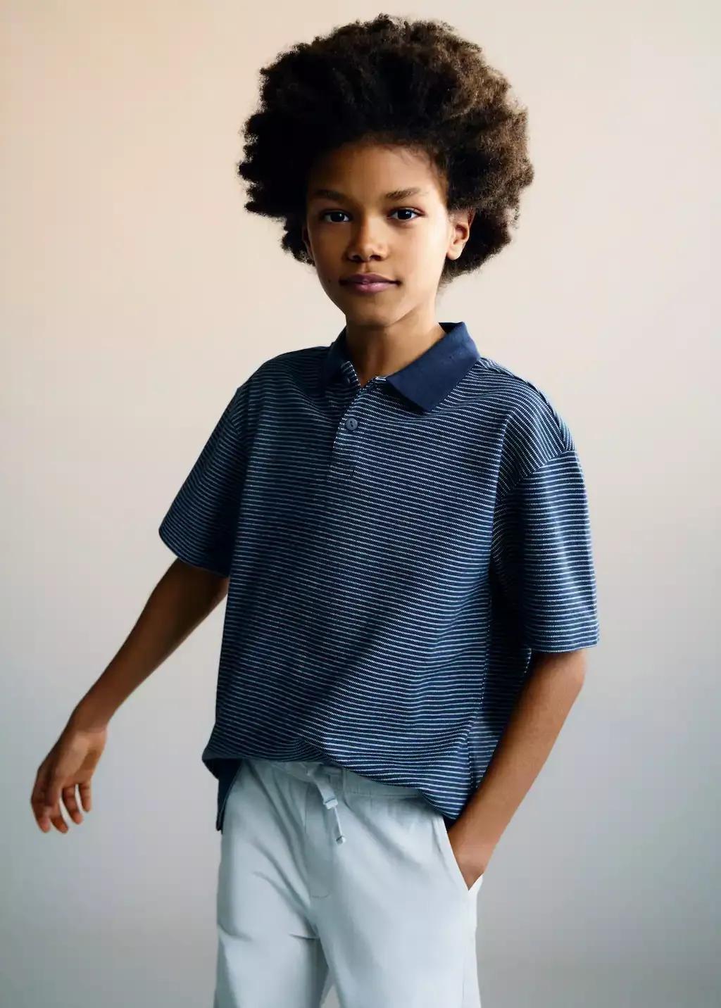 Navy Striped Cotton Polo Shirt, Kids Boy, , large image number 1