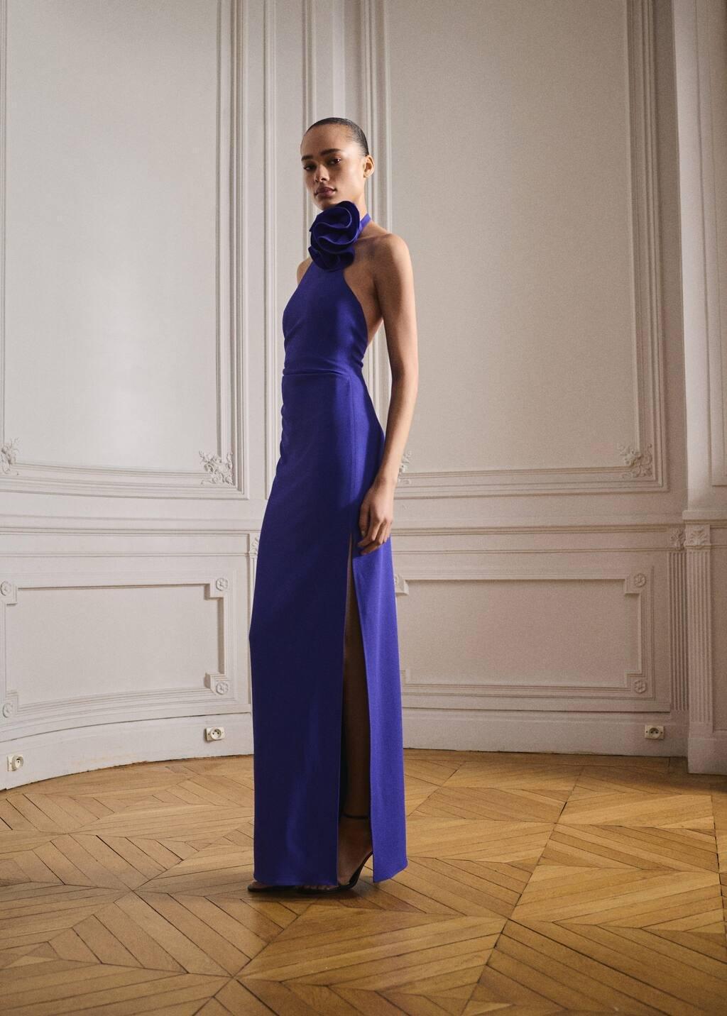 Blue Draped Halter-Neck Dress With Flower Motif, , large image number 1