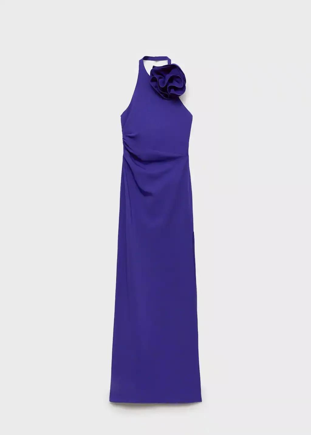 Blue Draped Halter-Neck Dress With Flower Motif, , large image number 4